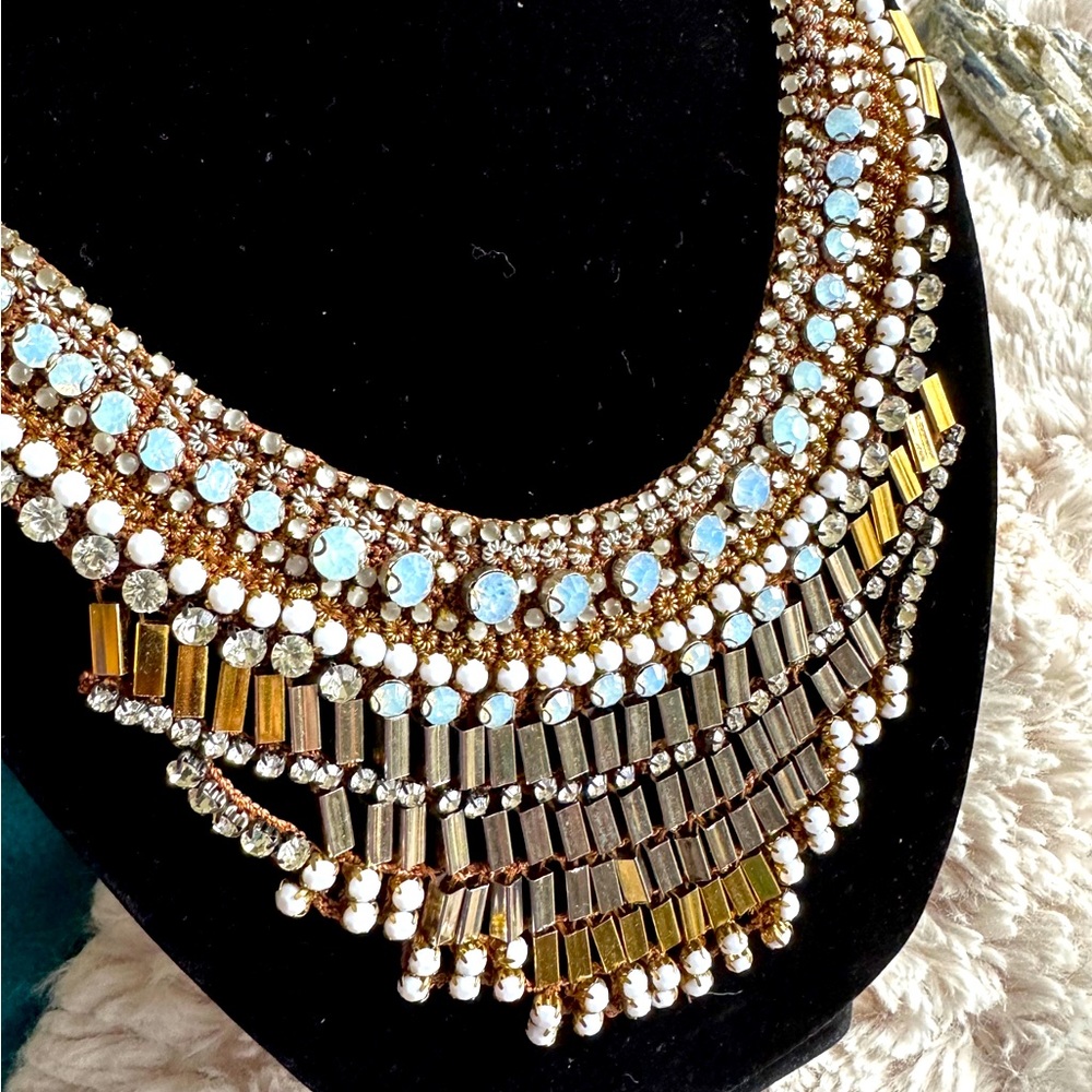 Anthropologie Nocturne Bib Necklace, Layered Crystal Gem Metal Statement Piece